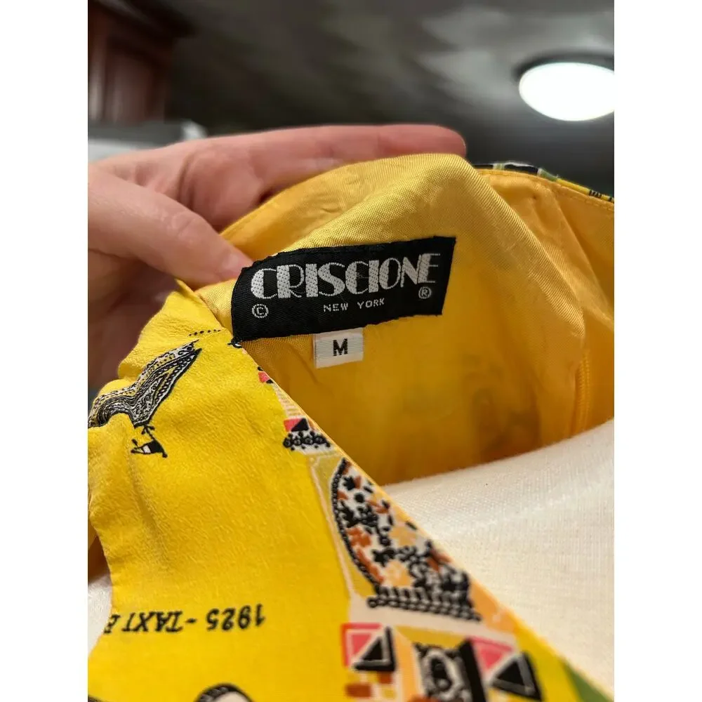 Vintage Criscione 100% Silk Top - Bold Yellow - Art Deco Cityscape - Picture 5 of 6